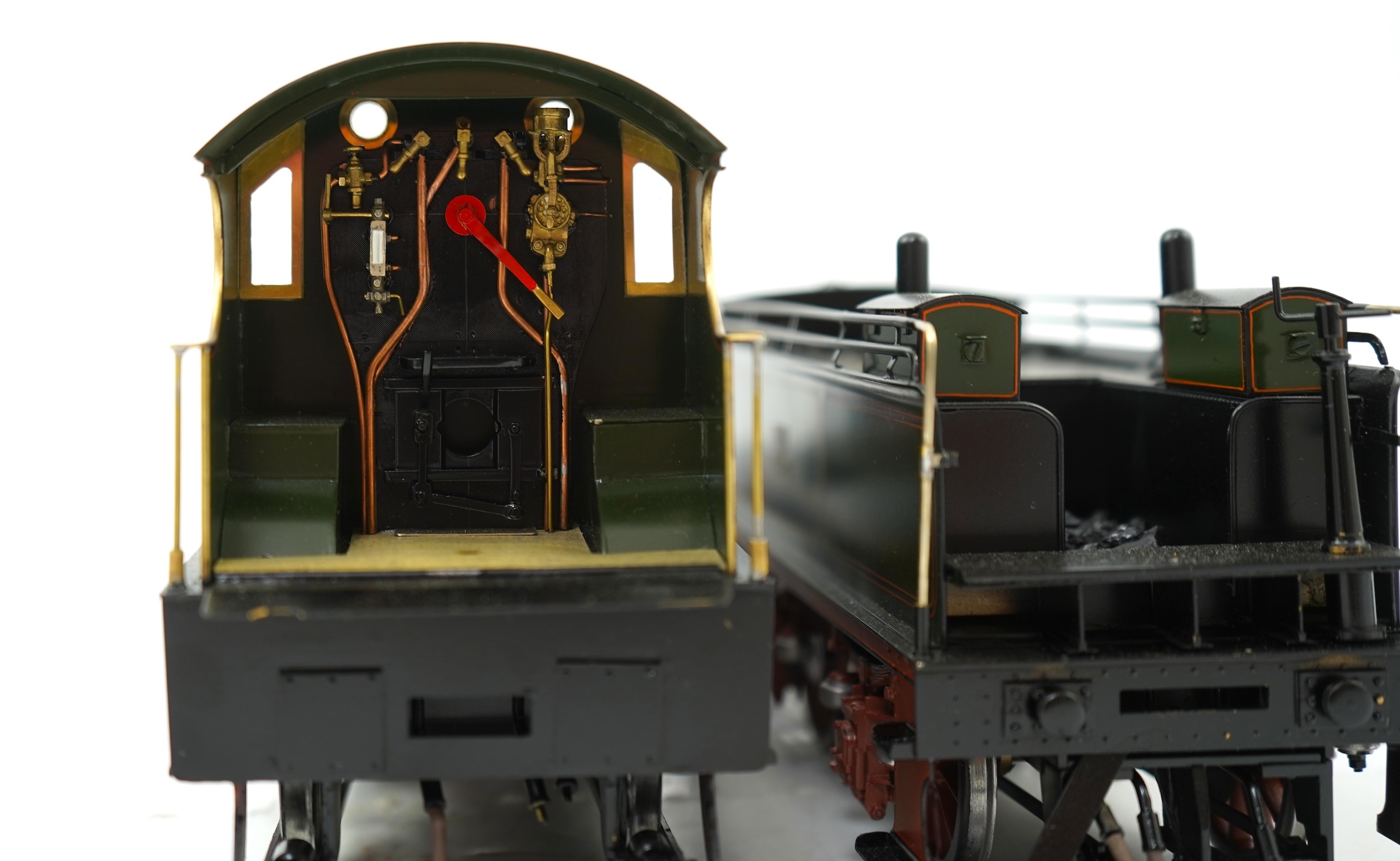 A Gauge One model of GWR Atbara Class, Atbara 3373, 4-4-0 tender locomotive, the model is unpowered, allowing for detailed valve gear and cylinders between the frames.